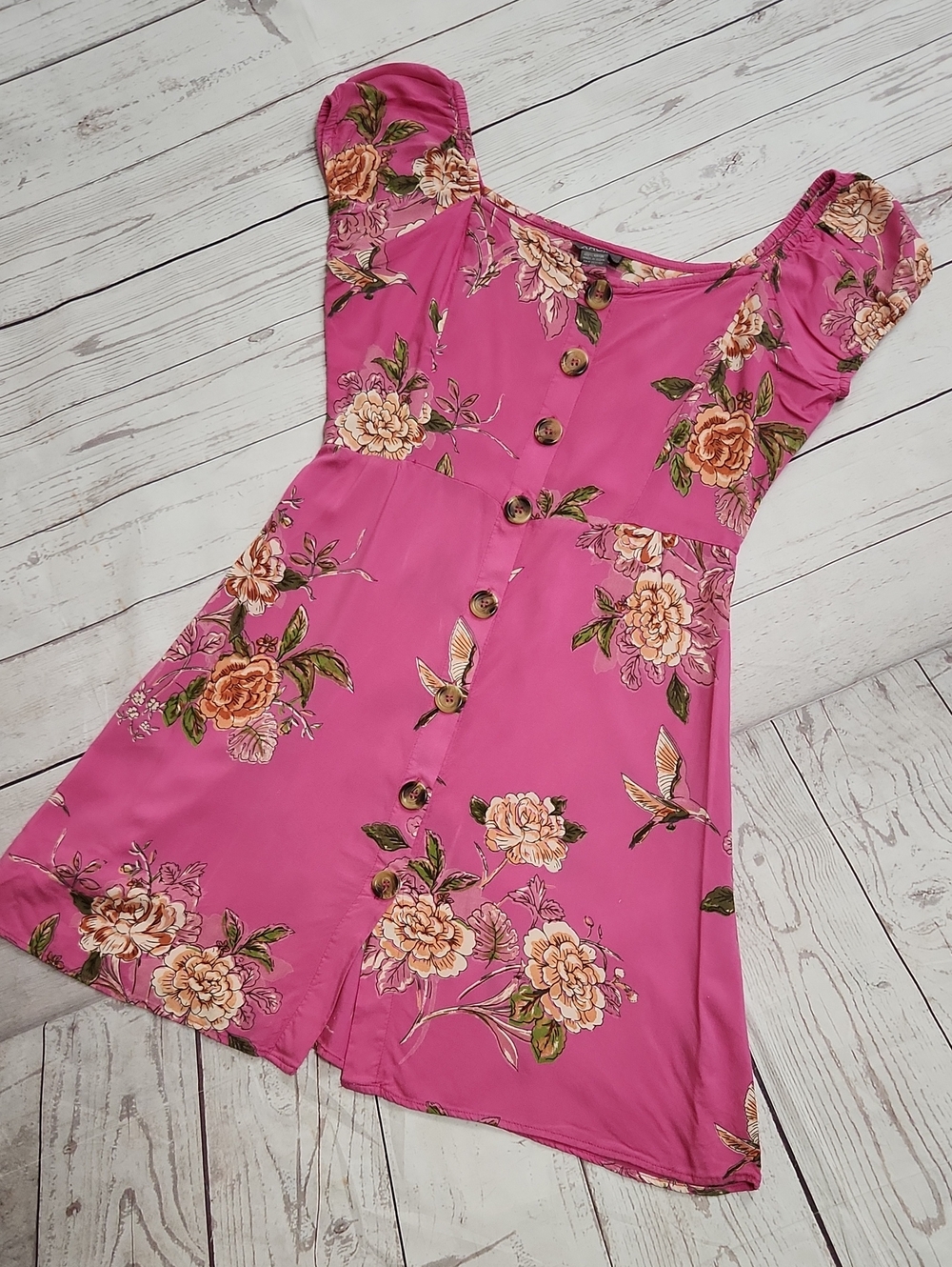 Angie Hot Pink Floral Button-Front Mini Dress